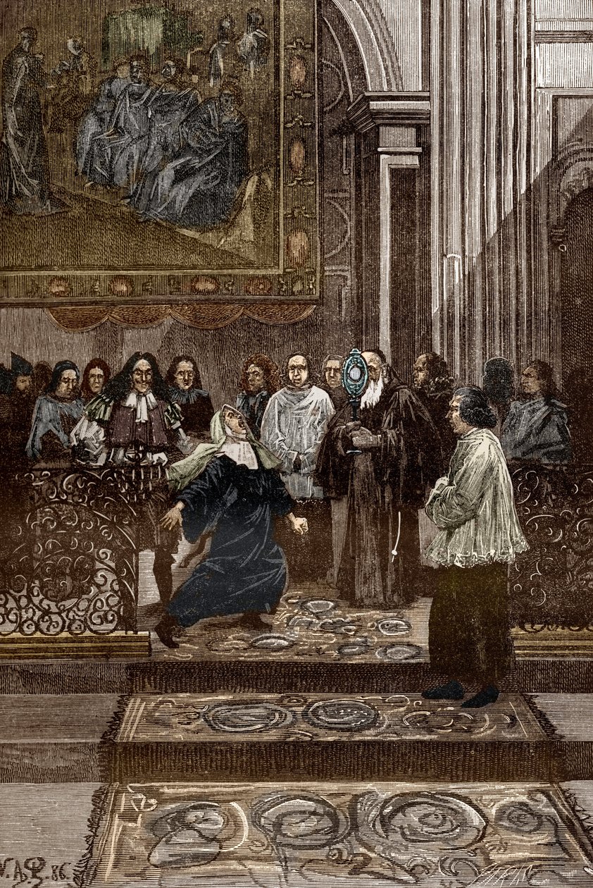 Affaire des possedes de Loudun (dæmoner de Loudun) omkring 1630: "Eksorcisme af den besatte overordnede moder fra ursulineklosteret af præsten i Chinon, Pierre Barre efter begivenhederne i "Loudun the Possessions", illustration for besat af Loudu af Victor Armand Poirson