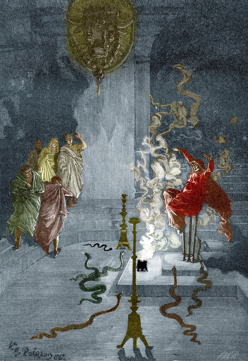 Antikkens Grækenland: "Repræsentation af Pythia, præstinde ved Apollontemplet i det antikke Grækenland" Indgravering fra "The Mysteres of Science" af Louis Figuier, privat samling af Victor Armand Poirson