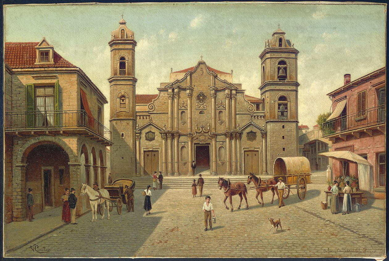 Havana Cathedral, Cuba (olie på lærred) af Victor Carabain