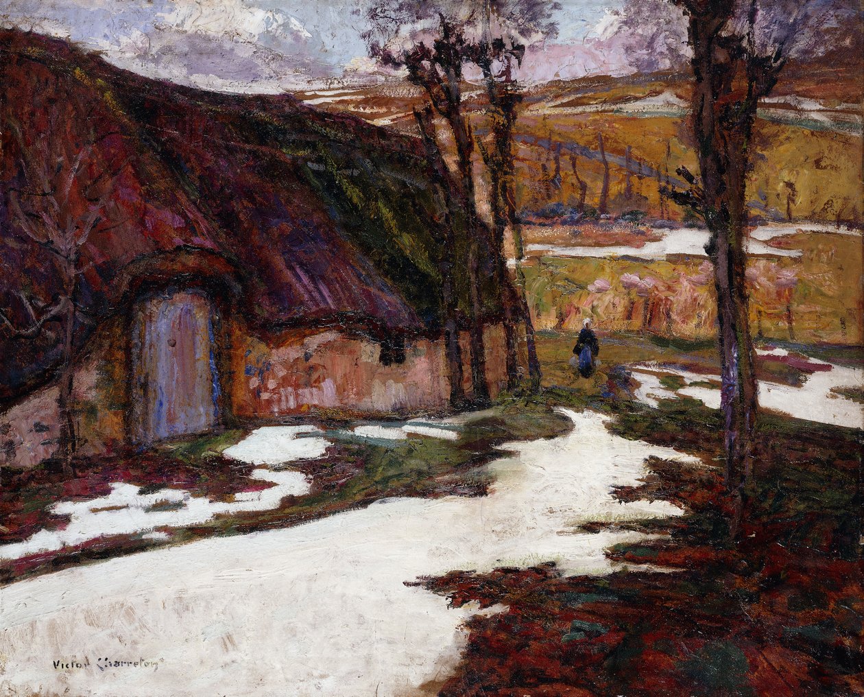 Bonde foran et stråtækt sommerhus; Bonde foran Chaumiere af Victor Charreton