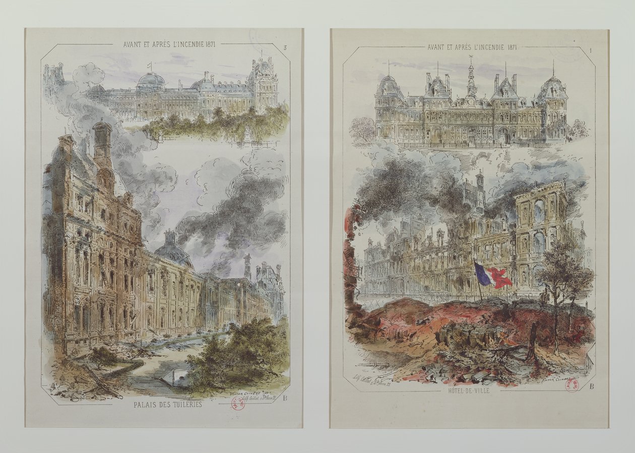 Udsigt over Tuileries-paladset og Hotel de Ville før og efter brandene i 1871 af Victor Coindre