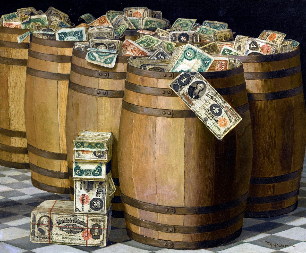 Barrels of Money, ca. 1897 (olie på lærred) af Victor Dubreuil
