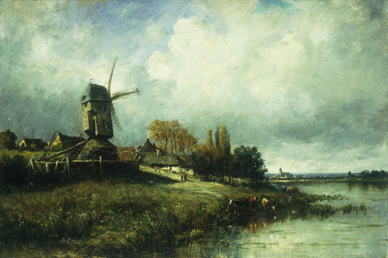 Et flodlandskab med en vindmølle, 1870 af Leon Victor Dupre