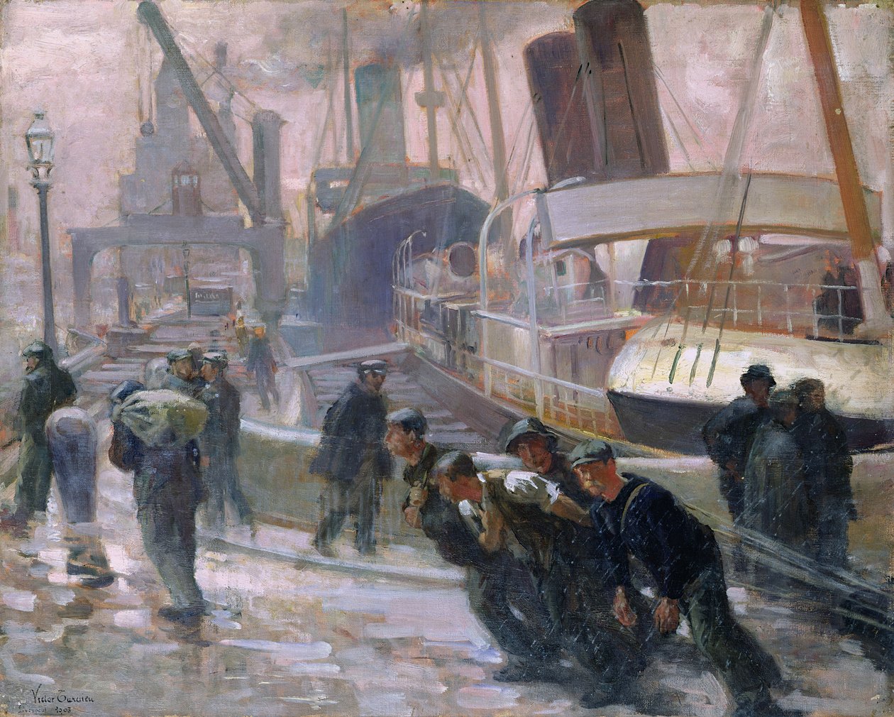 Liverpool Dockers at Dawn, 1903 af Victor Francois Tardieu