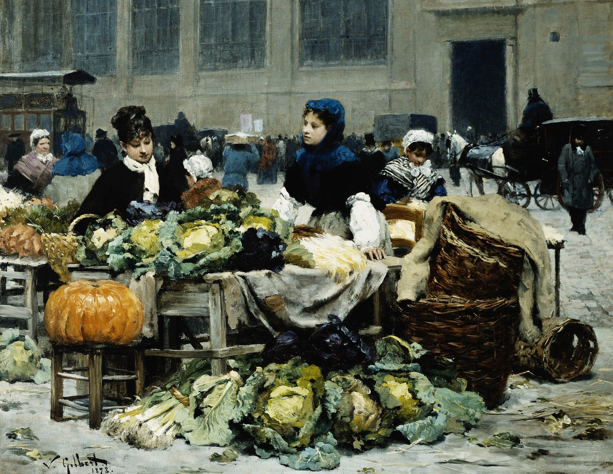 En grøntsagsbod i Les Halles Centrales, Paris, 1878 af Victor Gabriel Gilbert