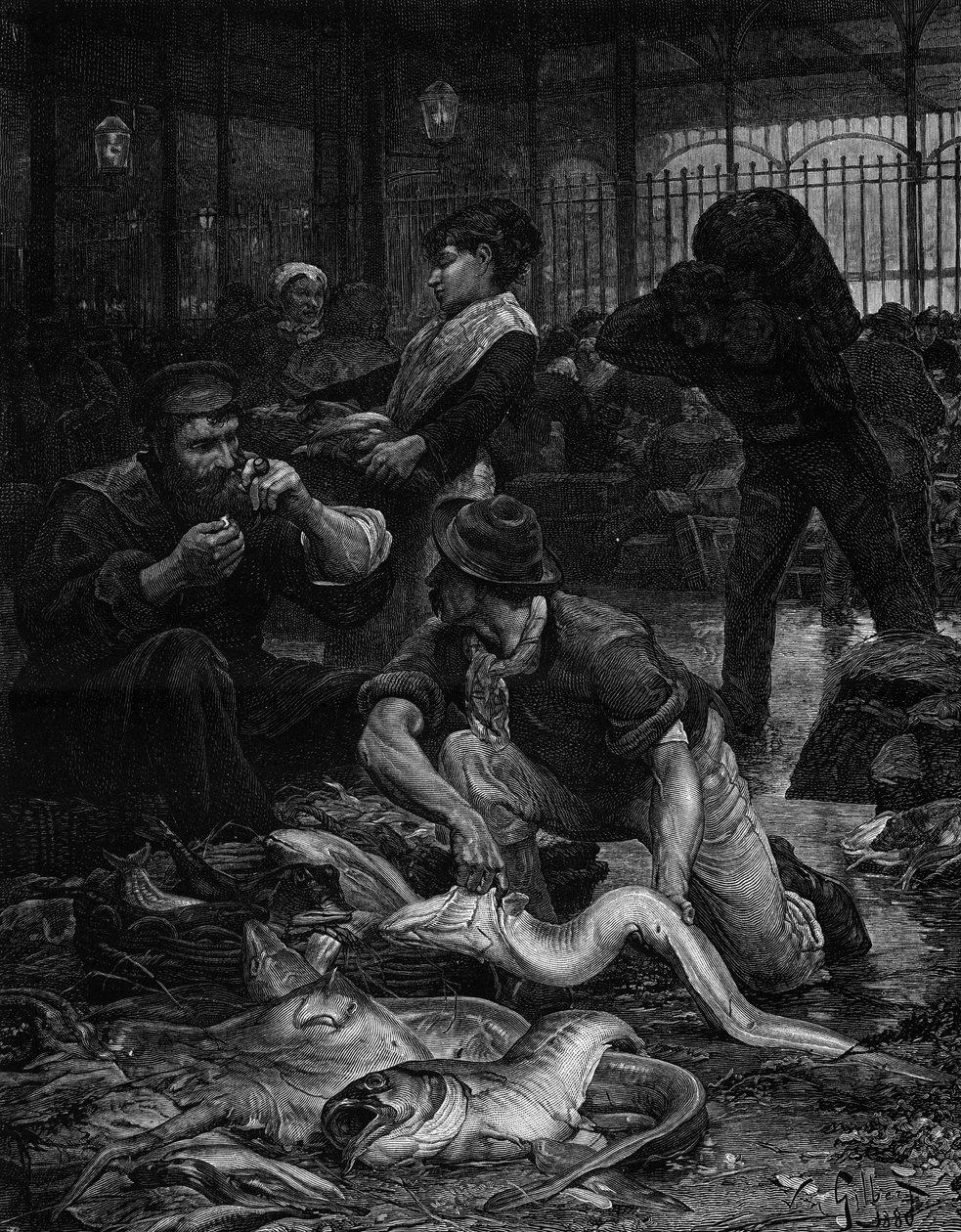 Et hjørne af Fiskehallen om morgenen (1880). Gravering efter maleriet af Victor Gabriel Gilbert (1847-1933). I "" The Illustrous World"" nr. 1244 af 29. januar af Victor Gabriel Gilbert