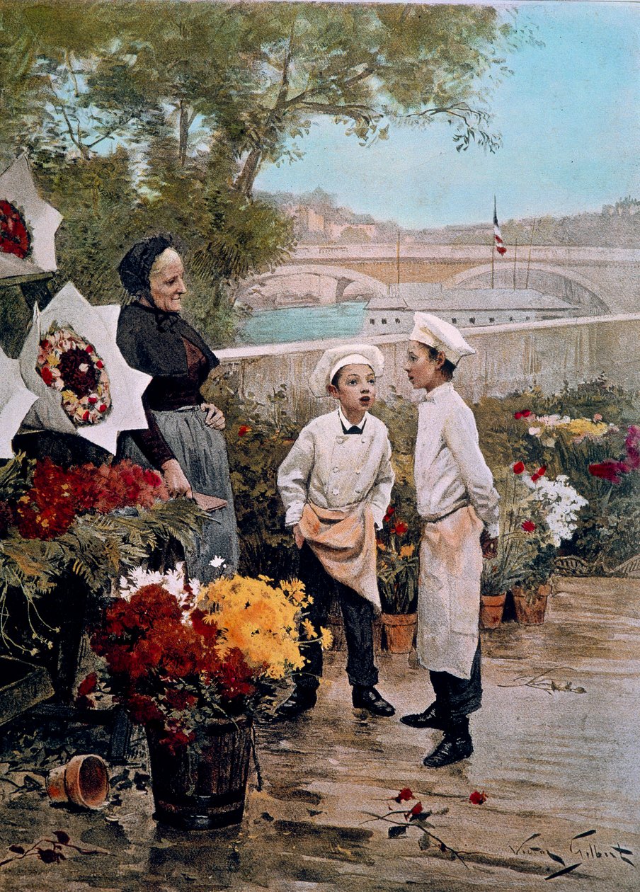 Protektorfesten Lærlinge blomsterhandlere og en blomsterbutik på kajen. Stik efter maleriet af Victor Gabriel Gilbert (1847-1933) 1800-tallet. Paris, dekorativ kunst af Victor Gabriel Gilbert