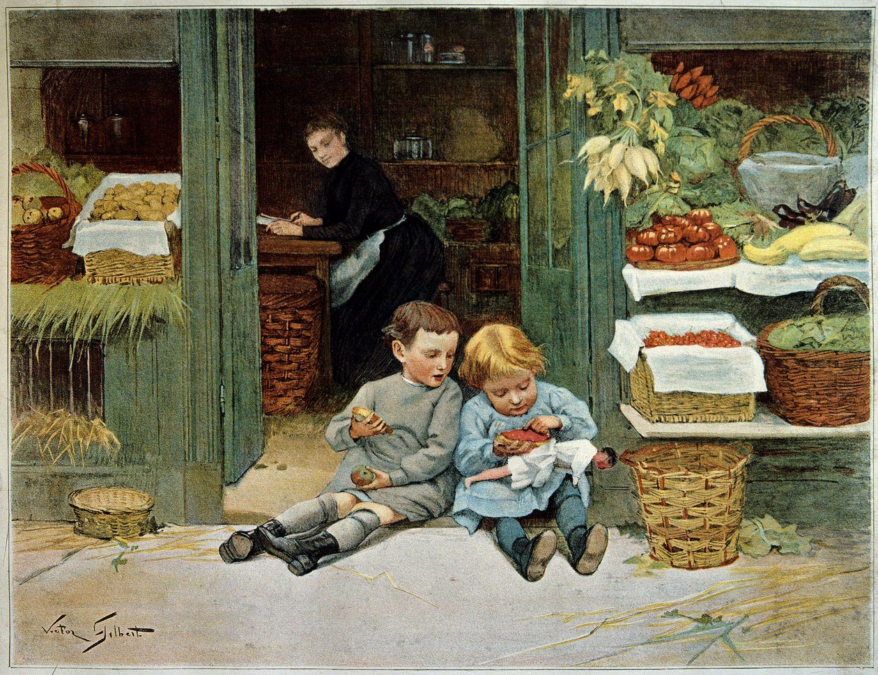 Besøg ham. Barn spiser toast foran deres mors dagligvarer. Den lille pige har en dukke på knæene. Maleri af Victor Gilbert (1847-1935). Paris, dekorativ kunst af Victor Gabriel Gilbert
