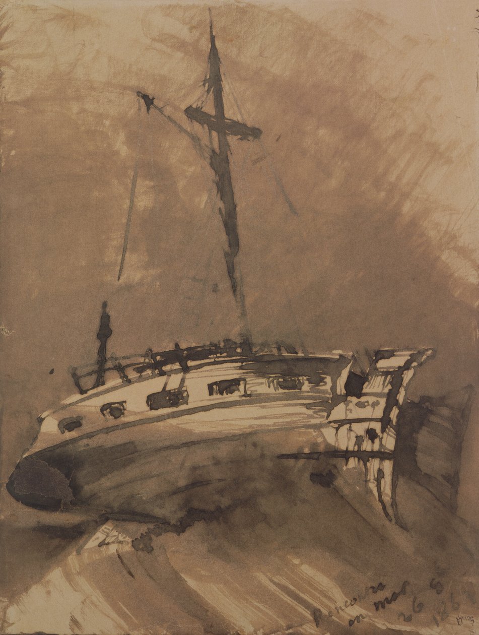 A Ship in Choppy Seas, 1864 (pen og blækvask på papir) af Victor Hugo