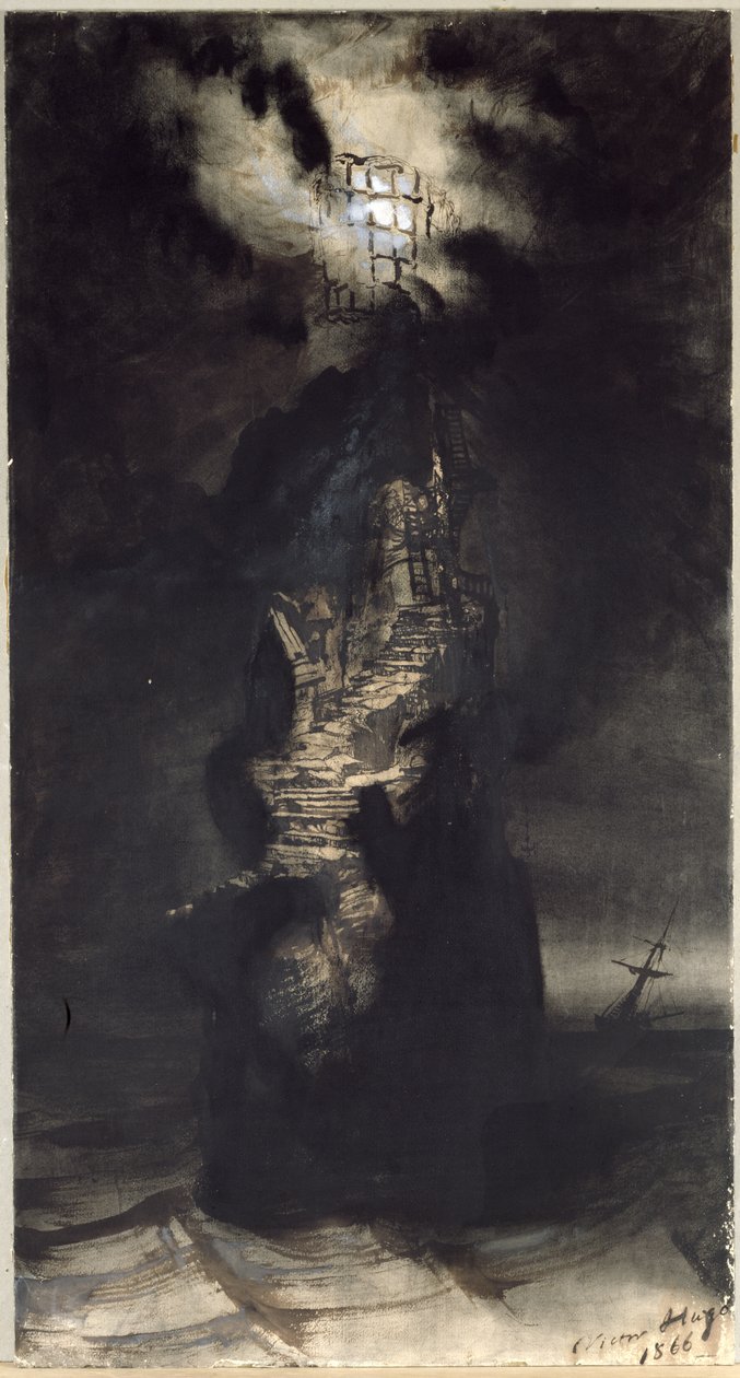 Casquets Lighthouse, 1866 (pen og blækvask på papir) af Victor Hugo