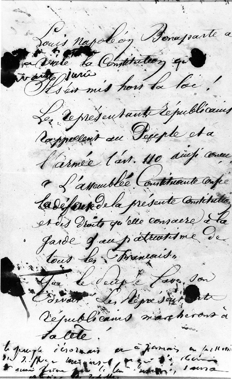 Første side af manifestet, der appellerer til befolkningen i Paris om at afvise overtrædelsen af den franske forfatning af Louis Napoleon Bonaparte, 1851 (pen og blæk på papir) af Victor Hugo
