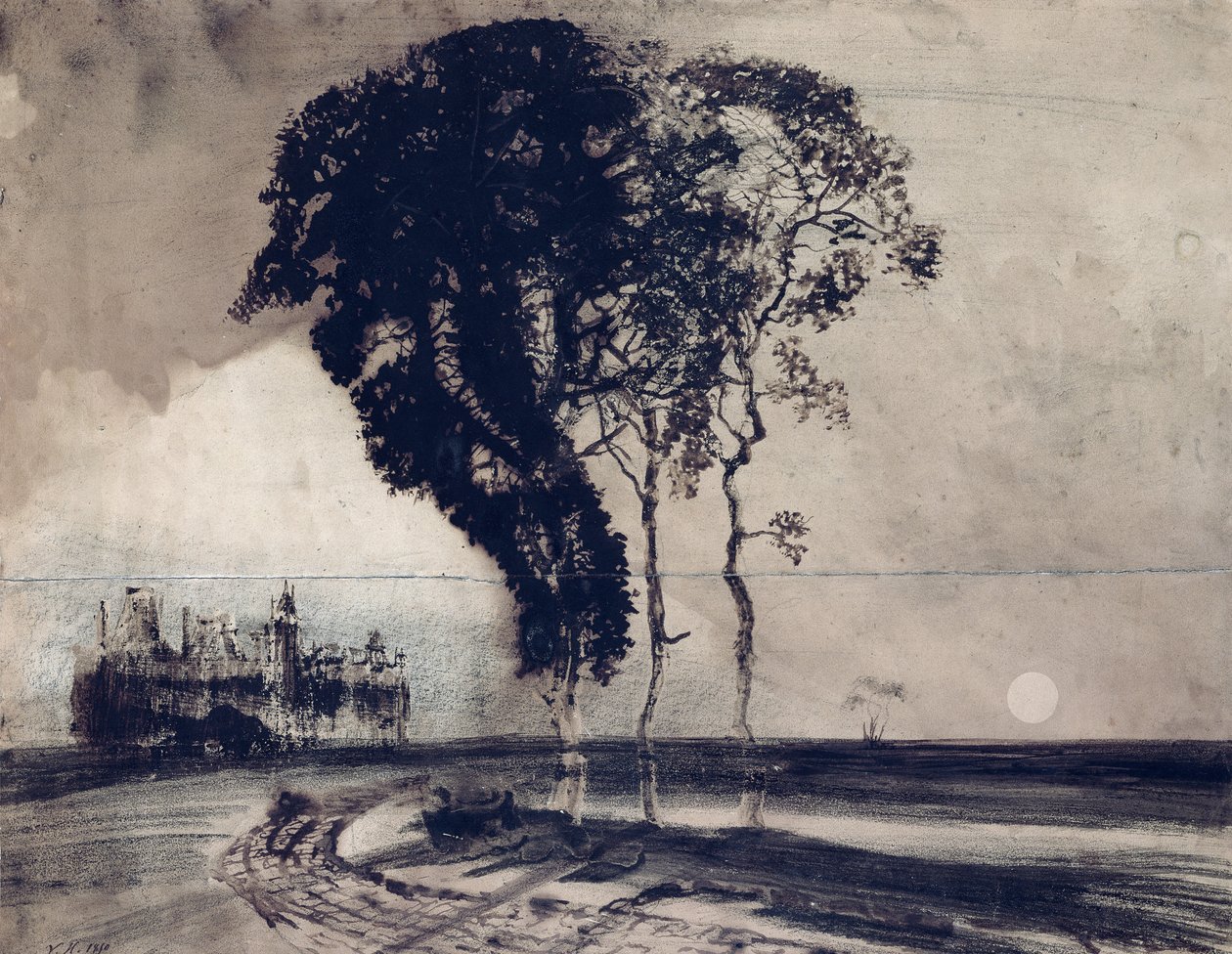 Landskab med tre træer, 1850 (kul, pen og indisk blæk og vask på papir) af Victor Hugo