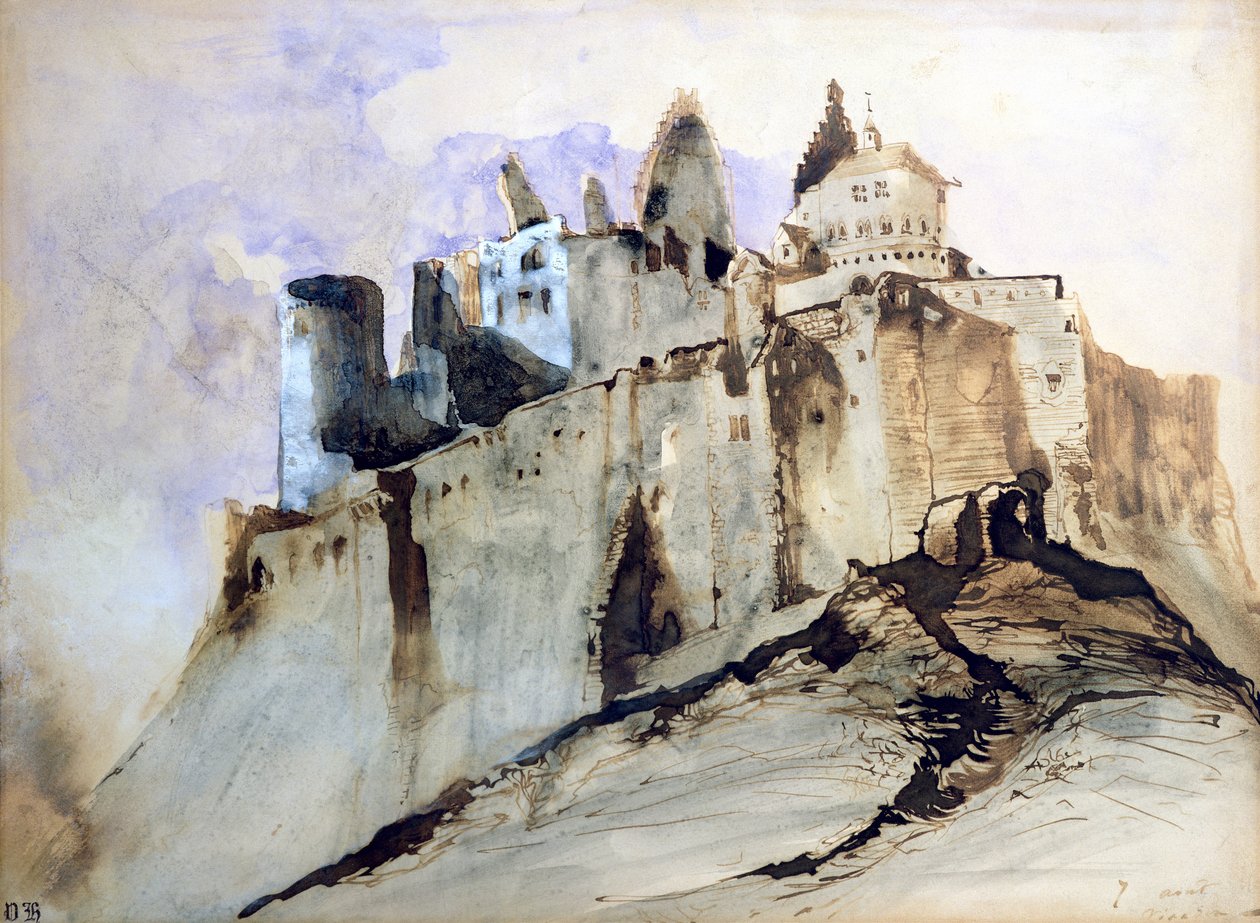 Chateau de Vianden, 1871 (wc, pen og blæk og vask på papir) af Victor Hugo