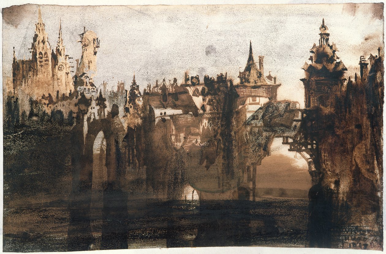 By med en knust bro (grafit, indisk blæk og sepia på papir) af Victor Hugo