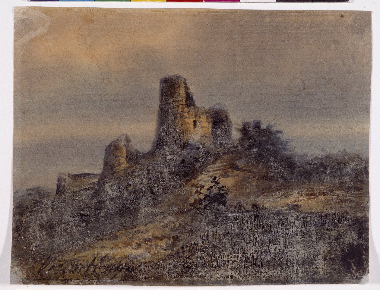 Udsigt over ruinerne af slottet Arques la Bataille (Arques-la-Bataille) Tegning af Victor Hugo (1802-1885) 1800-tallet Dim 17,4x22 cm Marseille, Chateau Borely, Museum for dekorativ kunst, fajance og mode af Victor Hugo
