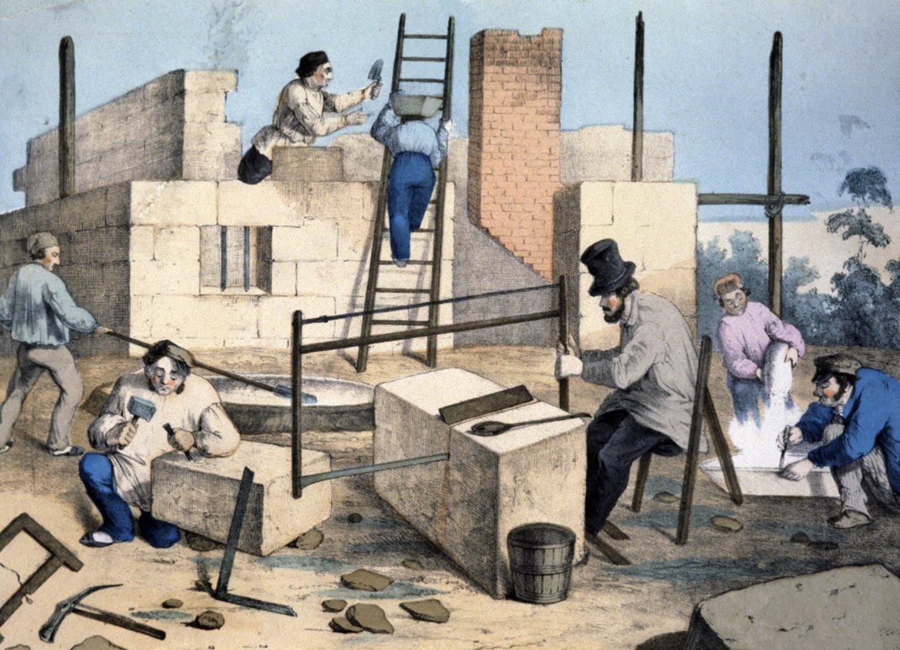 Bygning af et hus, ca. 1860 (litografi) af Victor Janson
