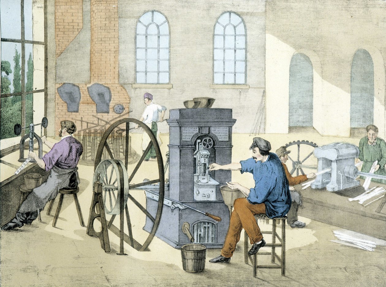 Møntforretning (møntprægning) (møntfremstilling), litho de Janson. 19. århundrede. af Victor Janson