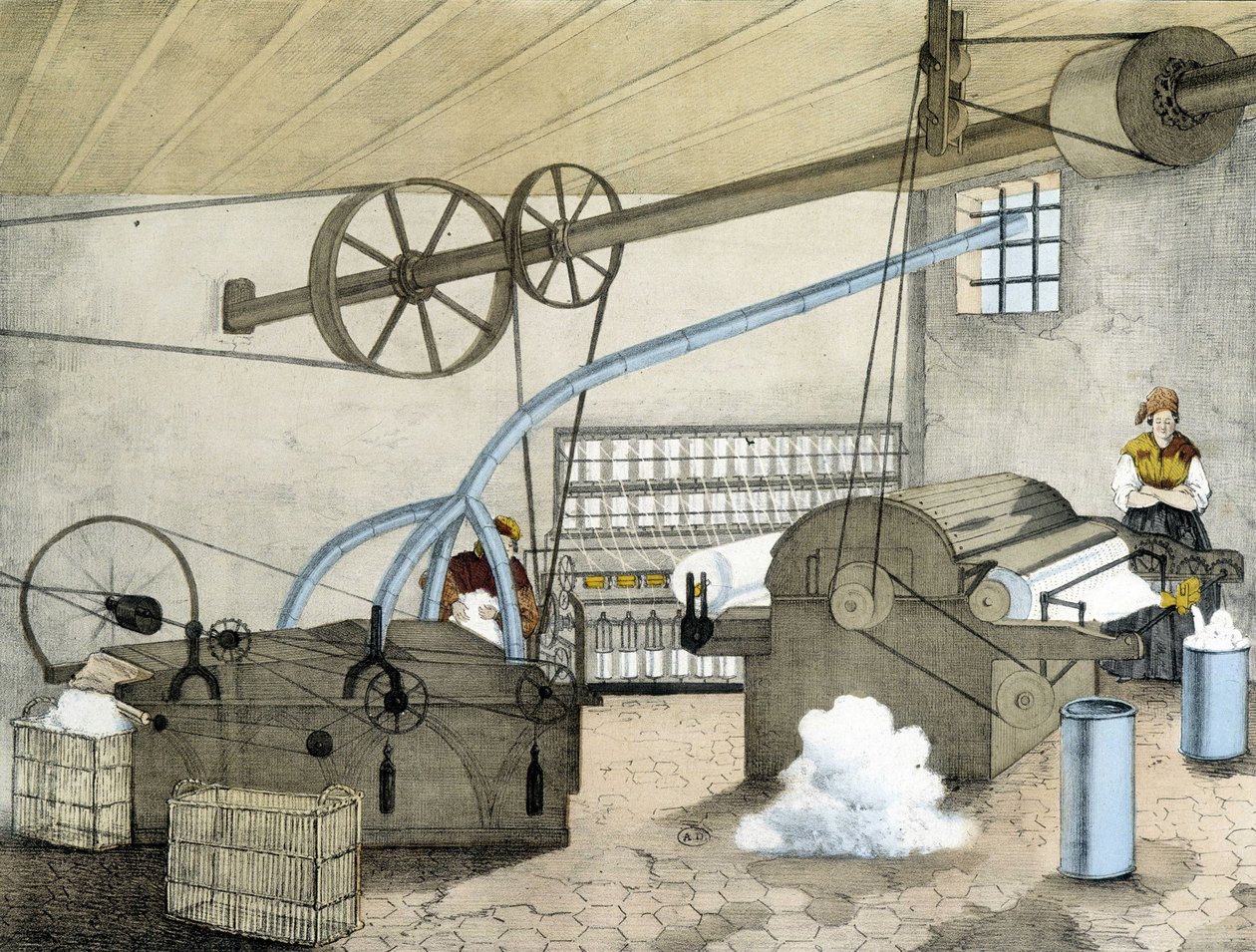 Mekanisk spinning - litho af Janson. 19. århundrede. af Victor Janson