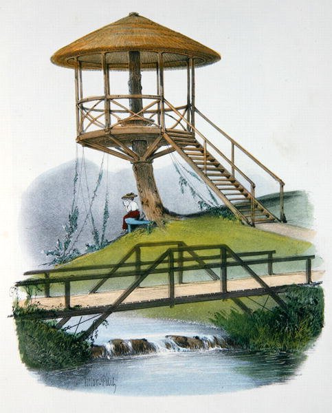 En hytte og rustik bro ved Parc de la Motte, Bourgogne, illustration fra 