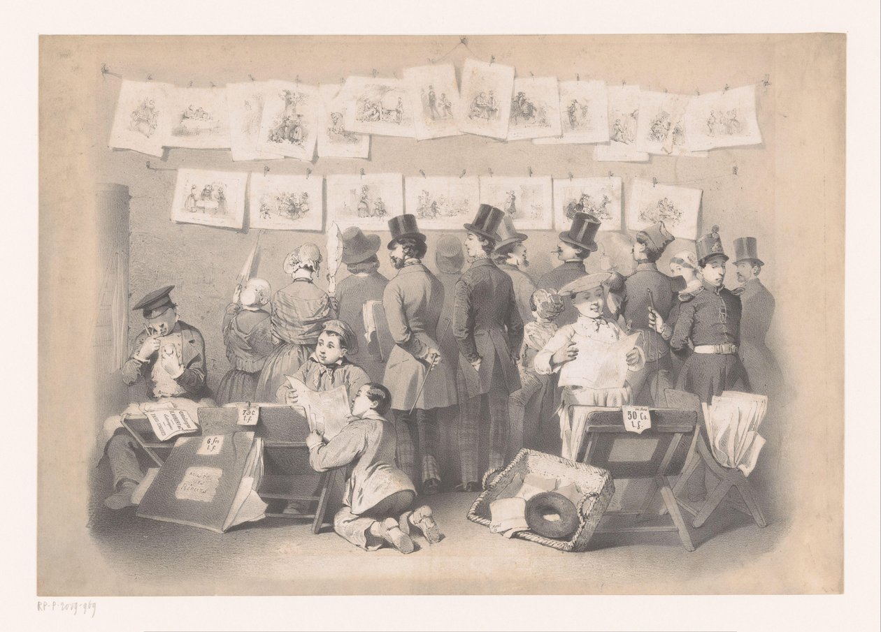 Titelprent med interiør af en prentenwinkel Laughing Museum (serietitel) The Display (serietitel) af Victor Jean François Dollet