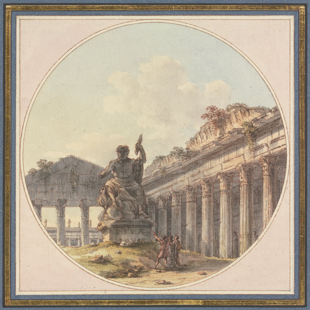 Arkitektonisk capriccio: Indre af en tempelruin med en statue af Jupiter Tonans og staffagefigurer af Victor Jean Nicolle
