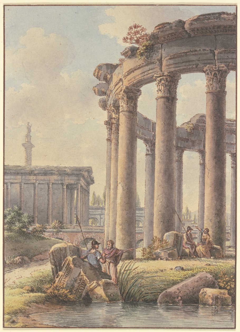 Arkitektonisk capriccio: ruiner af et rundt tempel med Trajans søjle i baggrunden af Victor Jean Nicolle