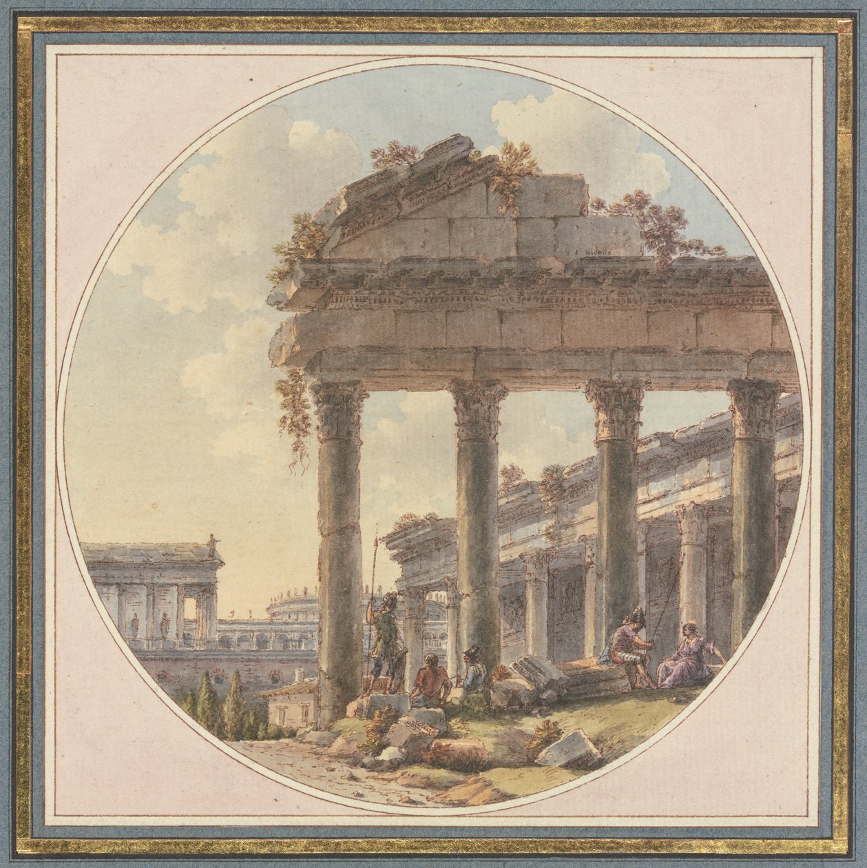 Arkitektonisk capriccio: tempelruin og staffagefigurer af Victor Jean Nicolle