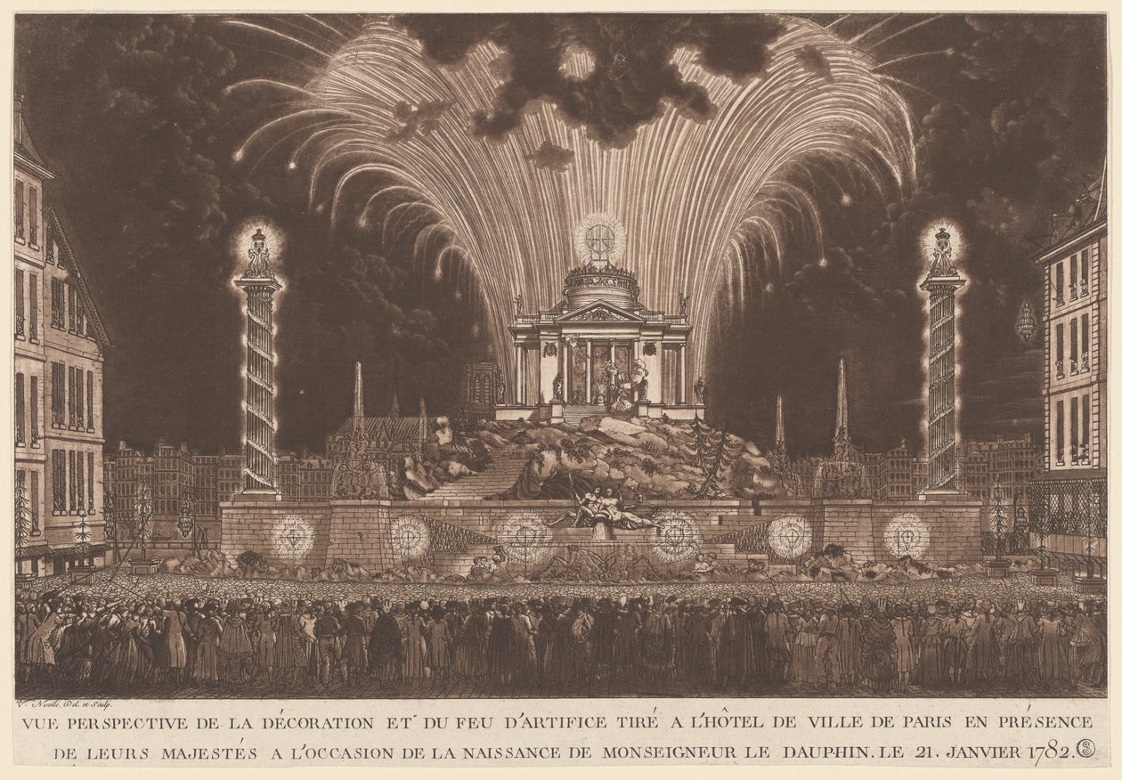 Dekoration og fyrværkeri... Monseigneur le Daufins fødsel (Fyrværkeri, der fejrer Dauphinens fødsel) af Victor Jean Nicolle
