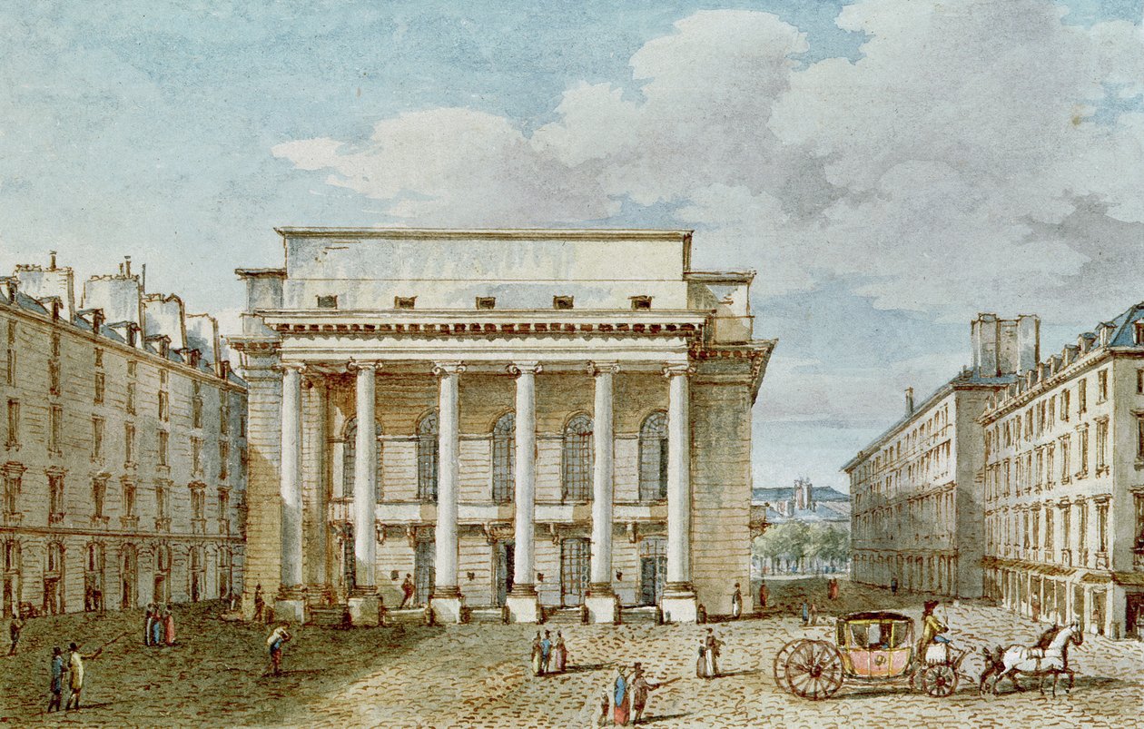 Udsigt over Teater Italiens facade (Salle Favart) (wc på papir) af Victor Jean Nicolle