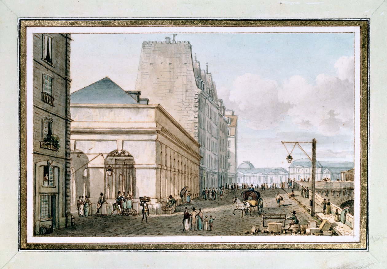 Udsigt over det nye fjerkræmarked, beliggende på Quai des Augustins nær Pont-Neuf, Paris, ca. 1810 (akvarel) af Victor Jean Nicolle