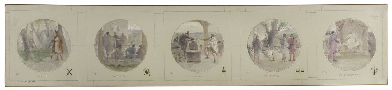 Skitse til Lobau-galleriet i Hôtel de Ville de Paris: La Milice. Forsamlingen. Afstemning. Retfærdighed. Regeringen af Victor Jean Pierre Maziès