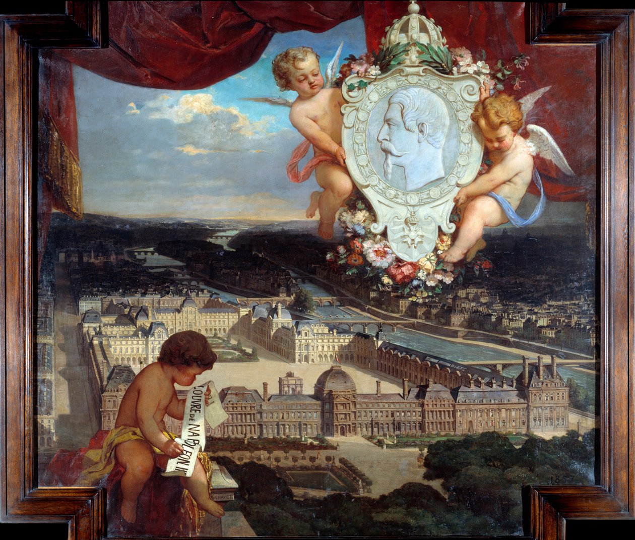 Louvre af Napoleon III "" Udsigt over Palais du Louvre og portrættet af Napoleon III (1808-1873) i medaljon"" Maleri af Victor Joseph Chavet (1822-1906) 1857 Søn. 2,12 x 2,22 m Paris, Musée du Louvre. af Victor Joseph Chavet