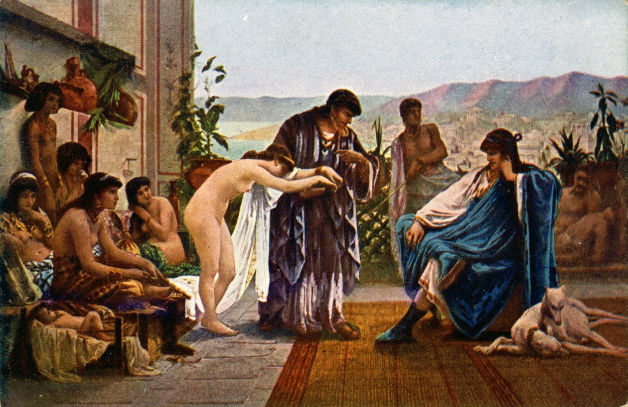 Historie. Det gamle Rom. Slavehandler. Illustration af V. Giraud, Tjekkiet, ca. 1910 (postkort) af Victor Julien Giraud