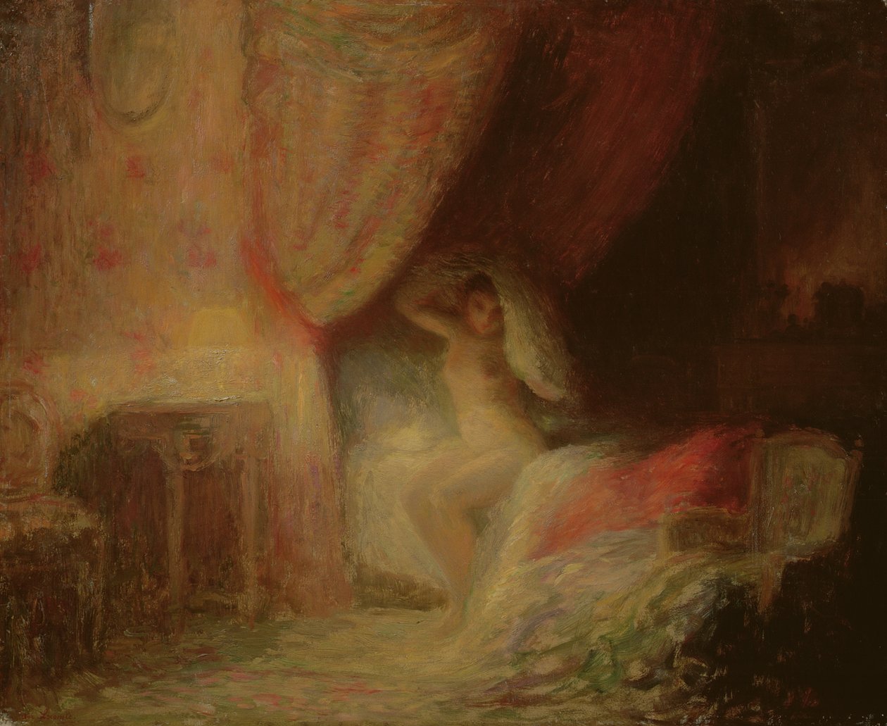 Soveværelsesscene badet i lys (olie på kort) af Victor Lecomte