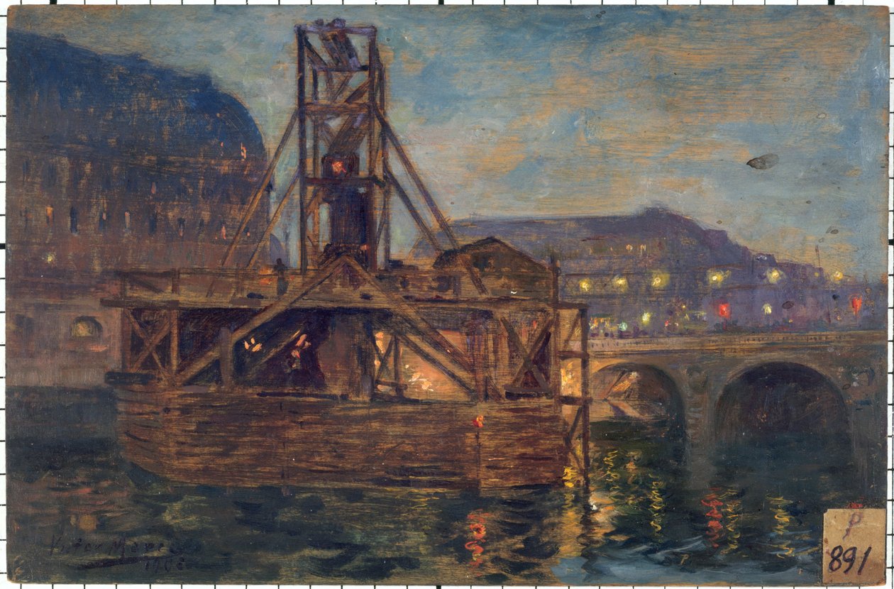 Les travaux du métropolitain au pont Saint-Michel en 1906, i 11-1906 (olie på træ) af Victor Marec