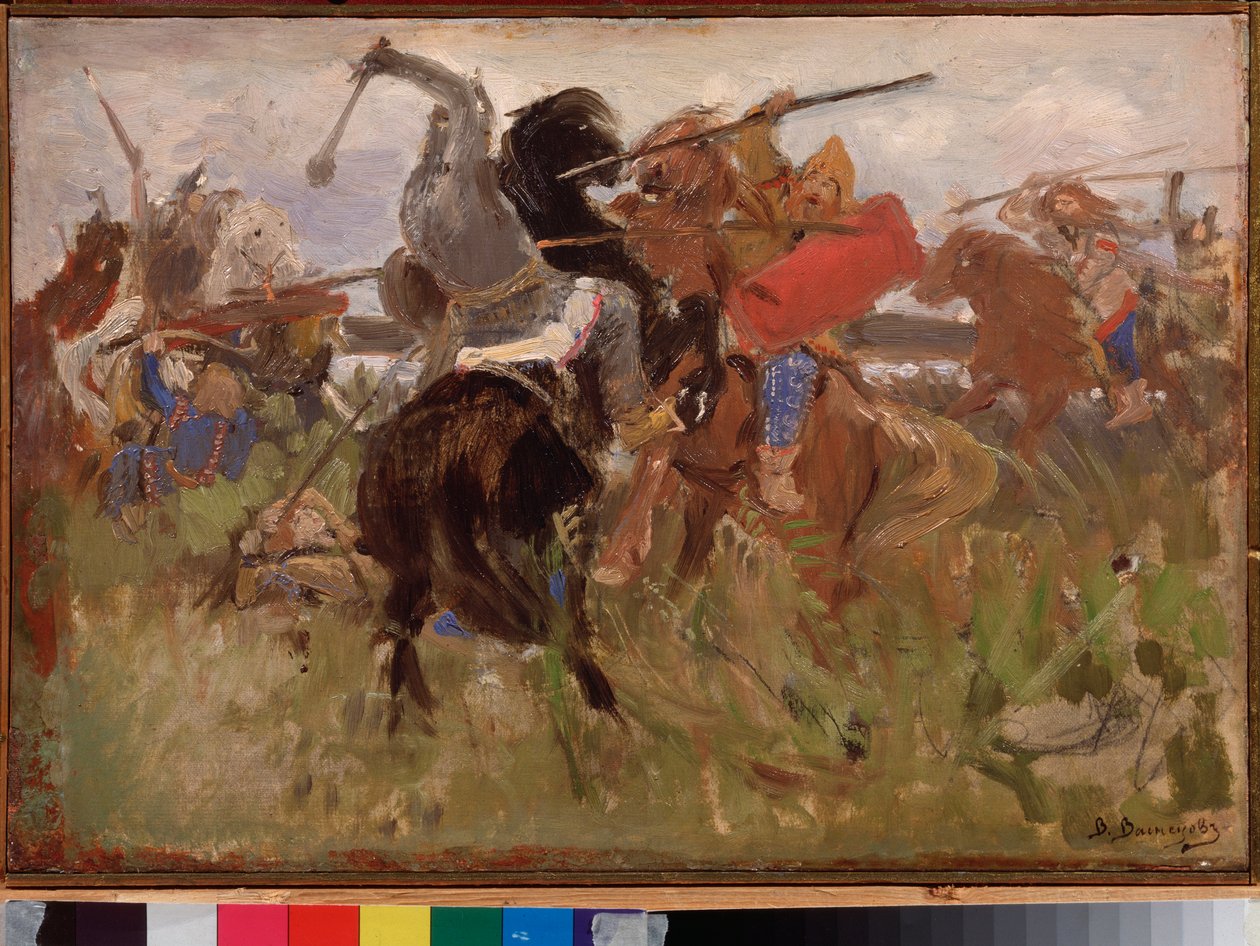 Kamp mellem skyterne og slaverne, sammenstød mellem ryttere i rustning af Victor Mikhailovich Vasnetsov