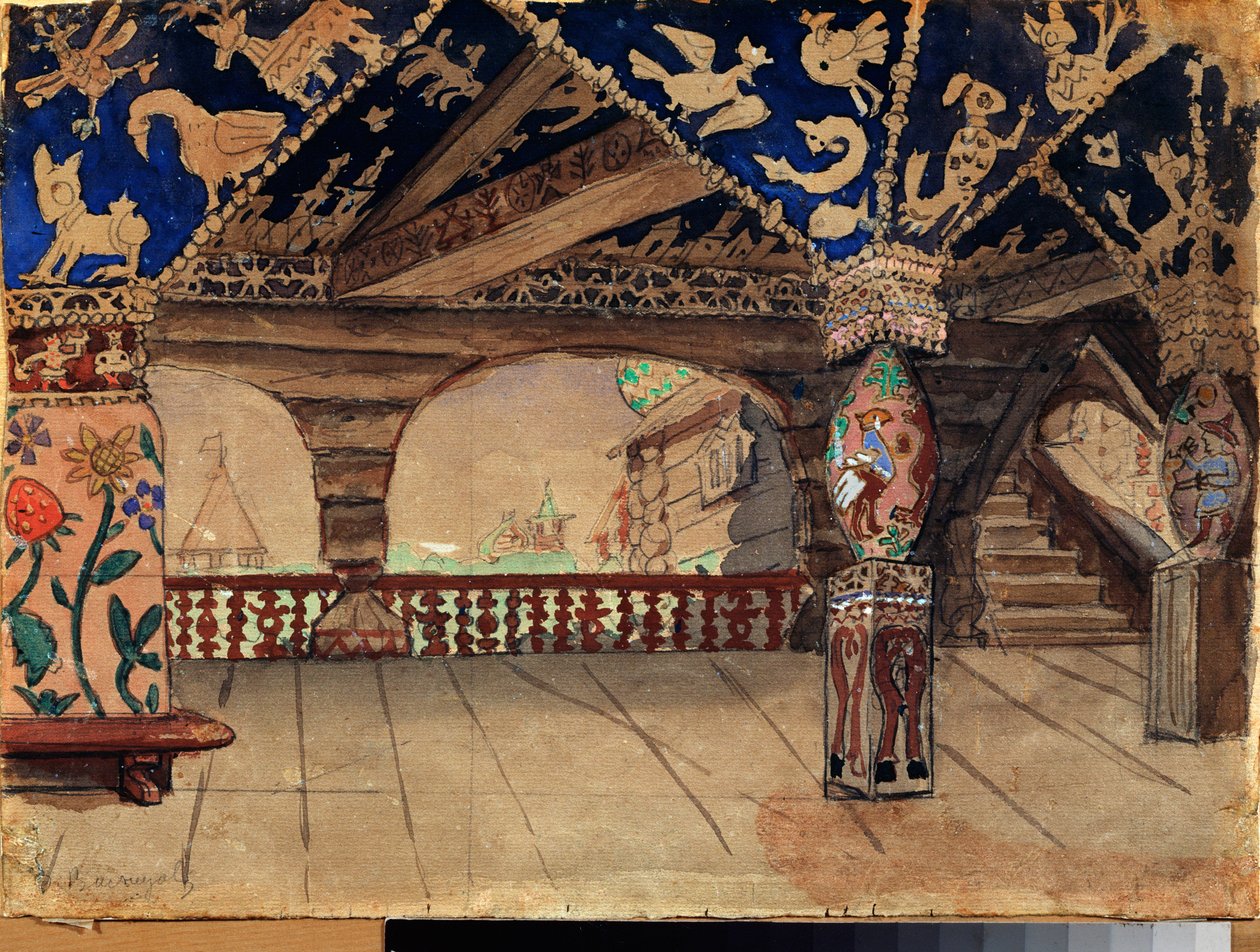 Forberedende indretning til teaterstykket ""La demoiselle des neiges"" af Alexandre Ostrovski (1823-1886) (Scenedesign til teaterstykket Snow Maiden af ​​A Ostrovsky) Træterrassen - Værk af Viktor Mikhaylovich Vasnetsov (1848-1926) ) , olie på af Victor Mikhailovich Vasnetsov
