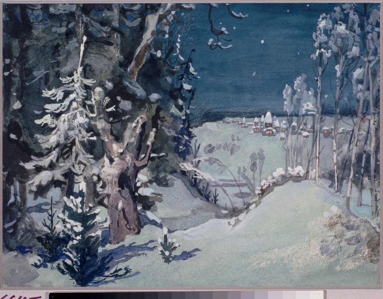 Forberedende indretning til operaen ""The Snow Maiden"" af Nicolas (Nikolai) Rimsky Korsakov (Rimsky-Korsakov) (1844-1908) (Scenedesign til operaen Snow Maiden af ​​N Rimsky Korsakov) En landsby i et landskab af sne, nat - Kunstværk af Viktor Mi af Victor Mikhailovich Vasnetsov