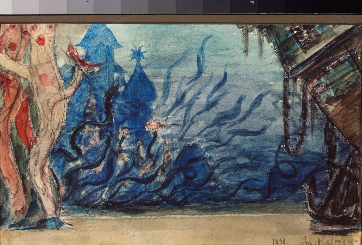 Forberedende sæt til operaen ""Sadko"" af Nicholas (Nikolai) Rimsky Korsakov (Rimsky-Korsakov) (1844-1908) (Scenedesign til operaen Sadko af N Rimsky Korsakov) undervandslandskab - værk af Viktor Mikhaylovich Vasnetsov (1848- 1926), blyant og akvarel af Victor Mikhailovich Vasnetsov