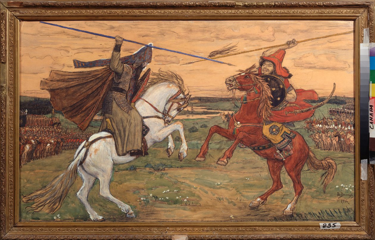 Duellen mellem Alexander Peresvet og tataren Chelibey (eller Chelubey, Temir Mourza (Temir-Mourza) på Kulikovo-sletten i 1380, under slaget mellem russerne og Den Gyldne Horde (Single Combat of Peresvet og Temir Murza (Temir-Murza) på Kulikovo af Victor Mikhailovich Vasnetsov