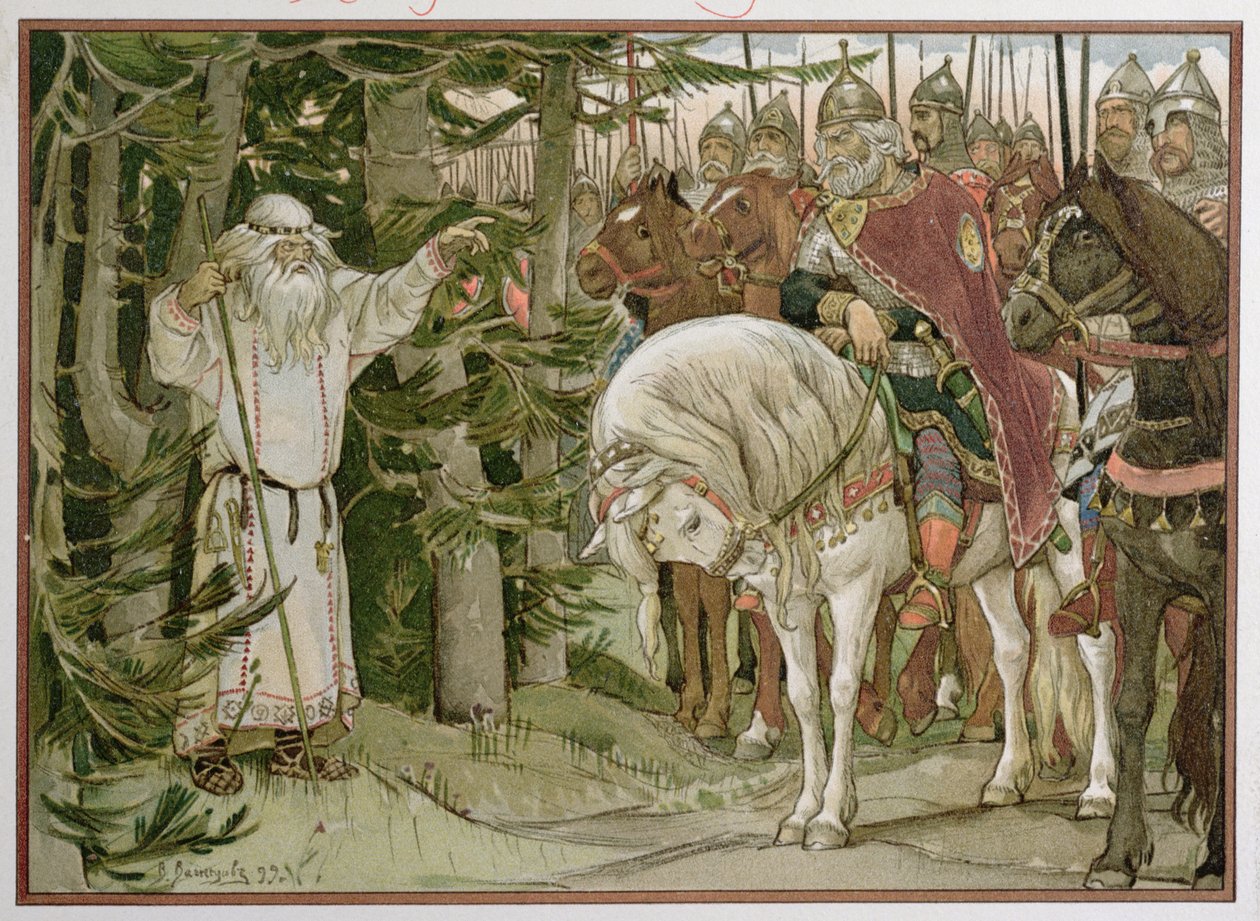 Prins Oleg (d.c.912) møder spåmanden, der profeterer, at hans hest vil være årsagen til hans død, illustration fra 