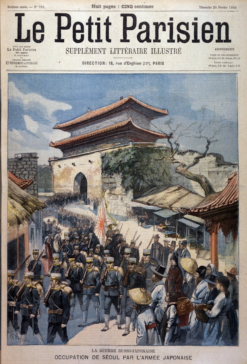 Den japanske hær besætter Seoul, Korea - Indgravering fra Le Petit Parisien, 28/02/1904 af Victor Mottez