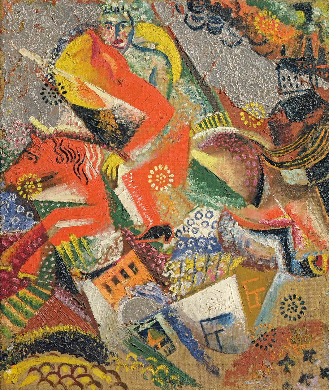 Komposition med rød rytter, 1920 (olie og folie på lærred) af Victor Nikandrovich Palmov