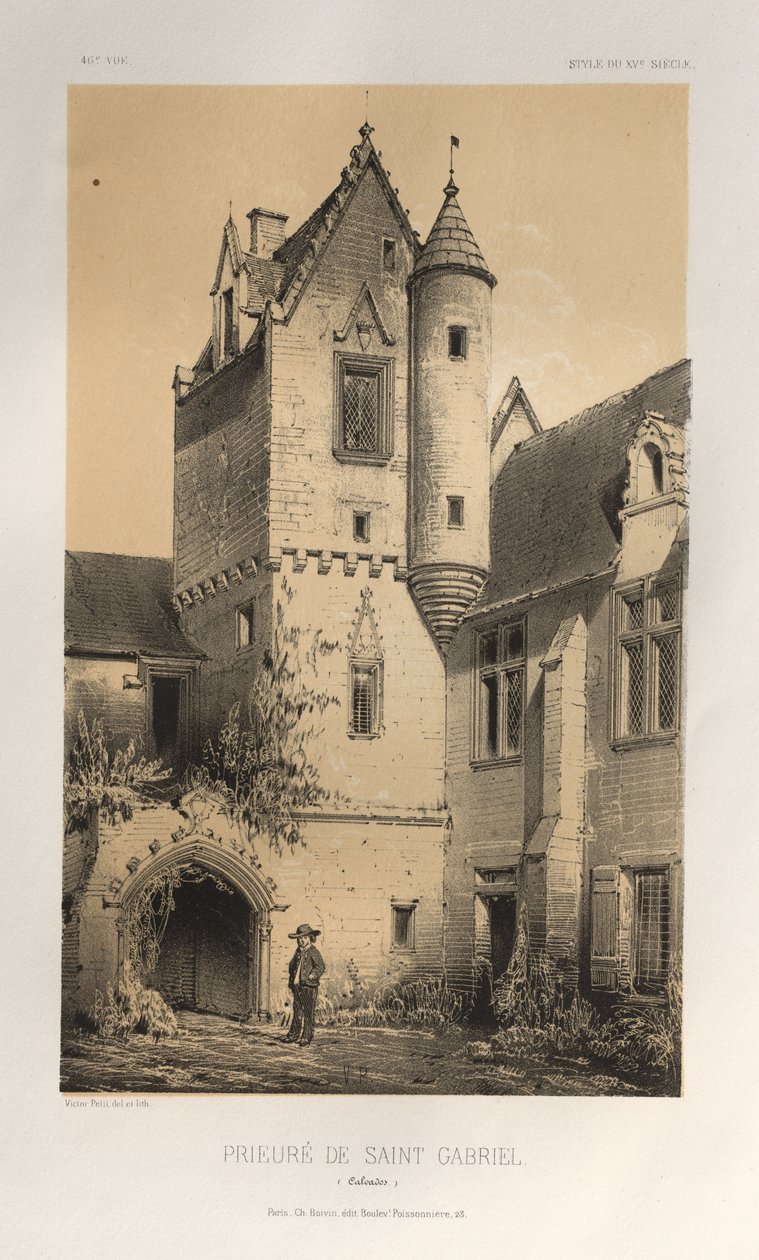Malerisk arkitektur eller monumenter fra det 15. århundrede. Og XVI. århundreder: Slotte i Frankrig i det XV og XVI århundreder: Pl. 46, Priory of Saint Gabriel (Calvados) af Victor Petit