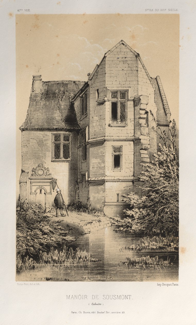Malerisk arkitektur eller monumenter fra det 15. århundrede. Og XVI. Centuries: Chateaux of France of the XV and XVI Centuries: Pl. 47, Manoir De Sousmont (Calvados) af Victor Petit