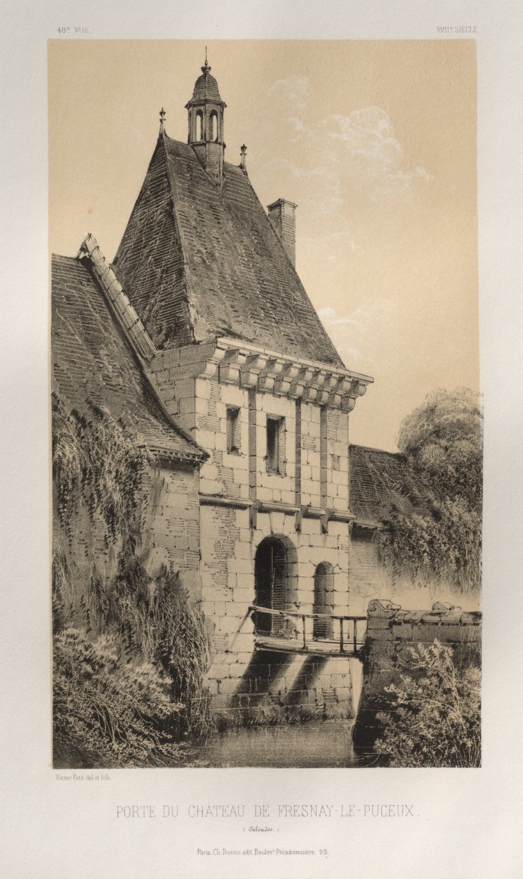 Malerisk arkitektur eller monumenter fra det 15. århundrede. Og XVI. Centuries: Slotte i Frankrig i det XV og XVI århundreder: Pl. 48, Porten til slottet Fresnay-Le-Puceux (Calvados) af Victor Petit