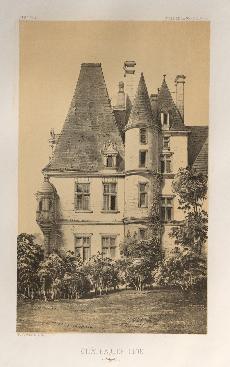 Malerisk arkitektur eller monumenter fra det 15. århundrede. Og XVI. Centuries: Chateaux of France of the XV and XVI Centuries: Pl. 49, Château De Lion (Calvados) af Victor Petit