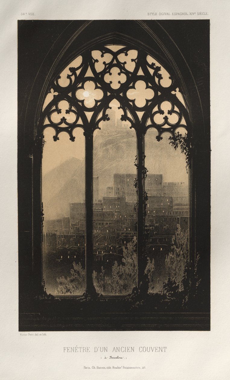 Malerisk arkitektur eller monumenter fra det 15. århundrede. Og XVI. Centuries: Chateaux of France of the XV and XVI Centuries: Pl. 54, vindue i et tidligere kloster (i Barcelona) af Victor Petit