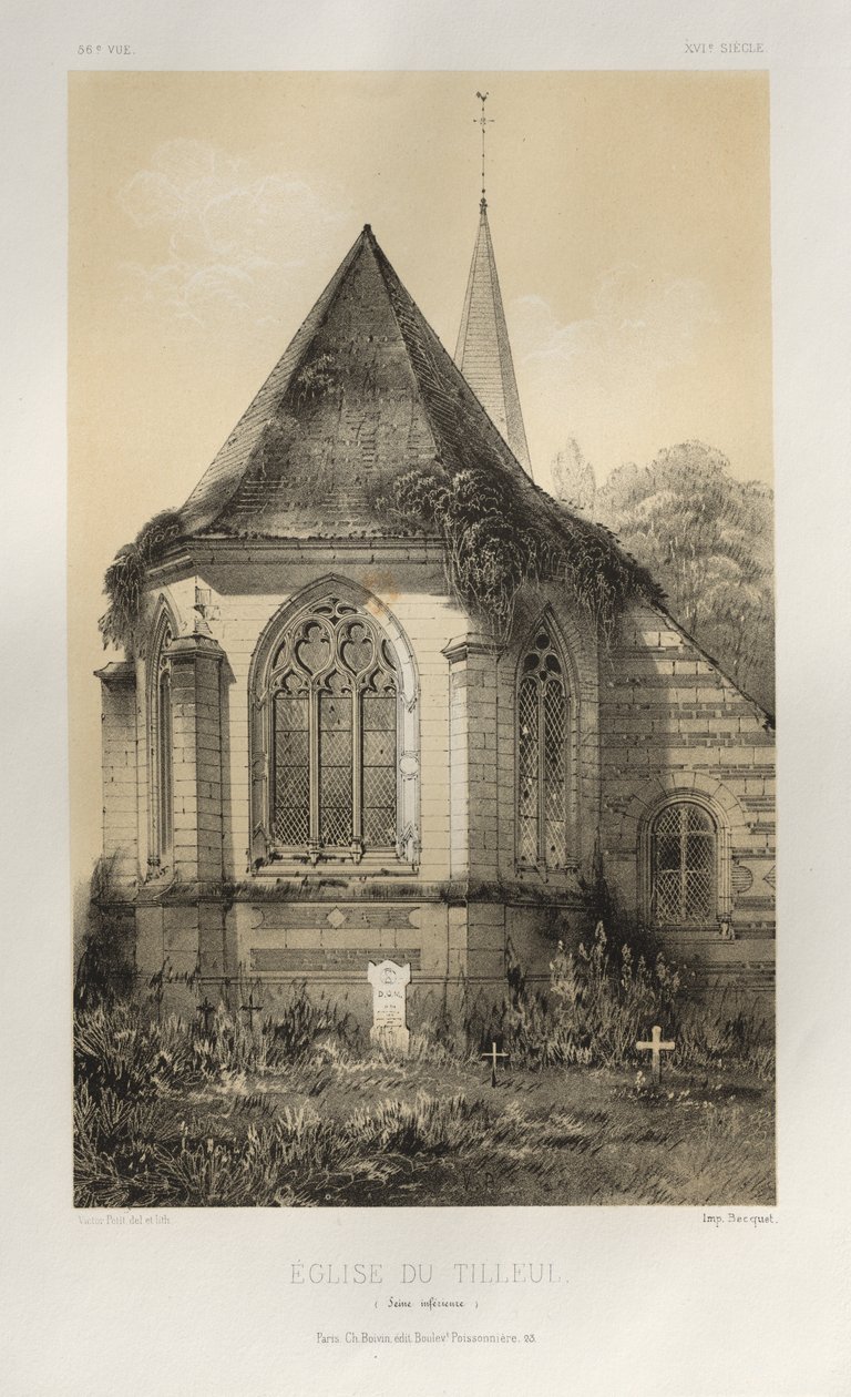 Malerisk arkitektur eller monumenter fra det 15. århundrede. Og XVI. Centuries: Chateaux of France fra XV og XVI Centuries: Pl. 56, Du Tilleul Church (Nedre Seine) af Victor Petit