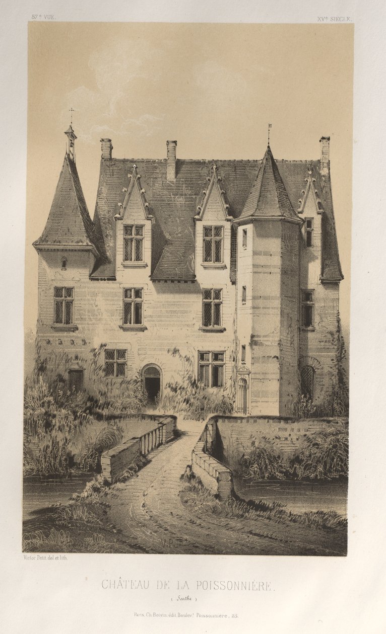 Malerisk arkitektur eller monumenter fra det 15. århundrede. Og XVI. århundreder: Slotte i Frankrig i det XV og XVI århundrede: Pl. 57, Château De La Poissonnière (Sarthe) af Victor Petit